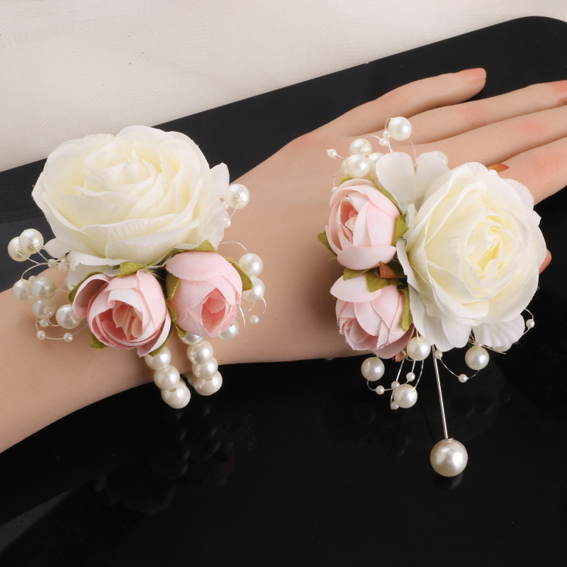 Mori kāzu līgavas un līgavaiņa korsetes plaukstas locītavas zieda piena krāsas simulācija rožu piespraude roku zieds rūpnīcas tiešā XH102