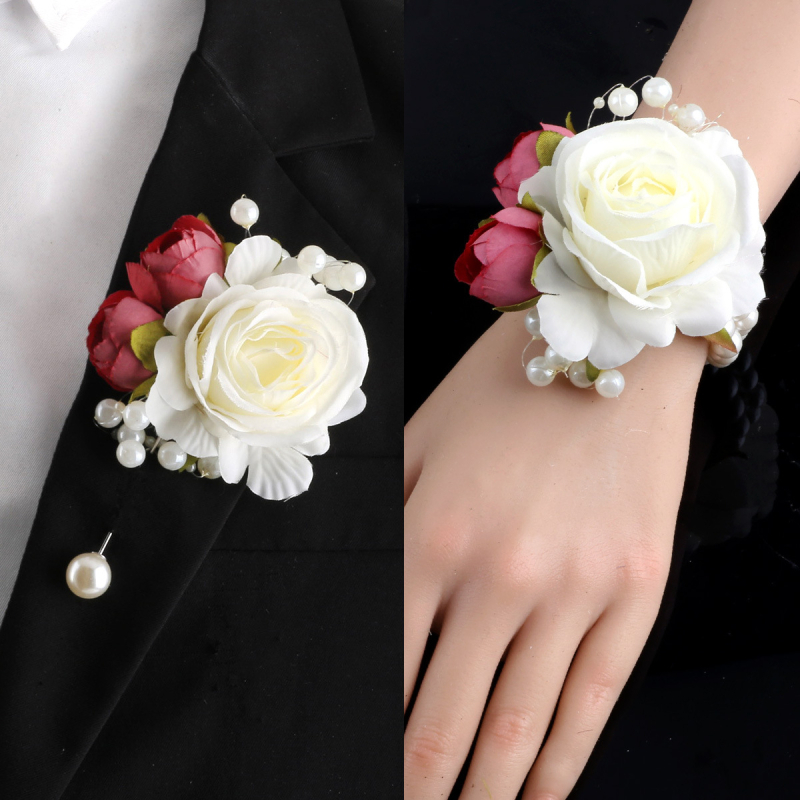 Mori vestuvių nuotakos ir jaunikio korsažo riešo gėlės pieno spalvos imitacija rožės sagė rankų gėlė gamyklos tiesioginė XH102