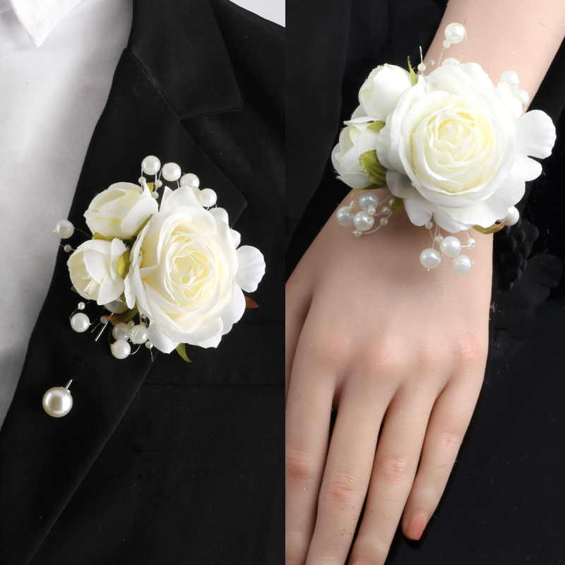 Mori vestuvių nuotakos ir jaunikio korsažo riešo gėlės pieno spalvos imitacija rožės sagė rankų gėlė gamyklos tiesioginė XH102