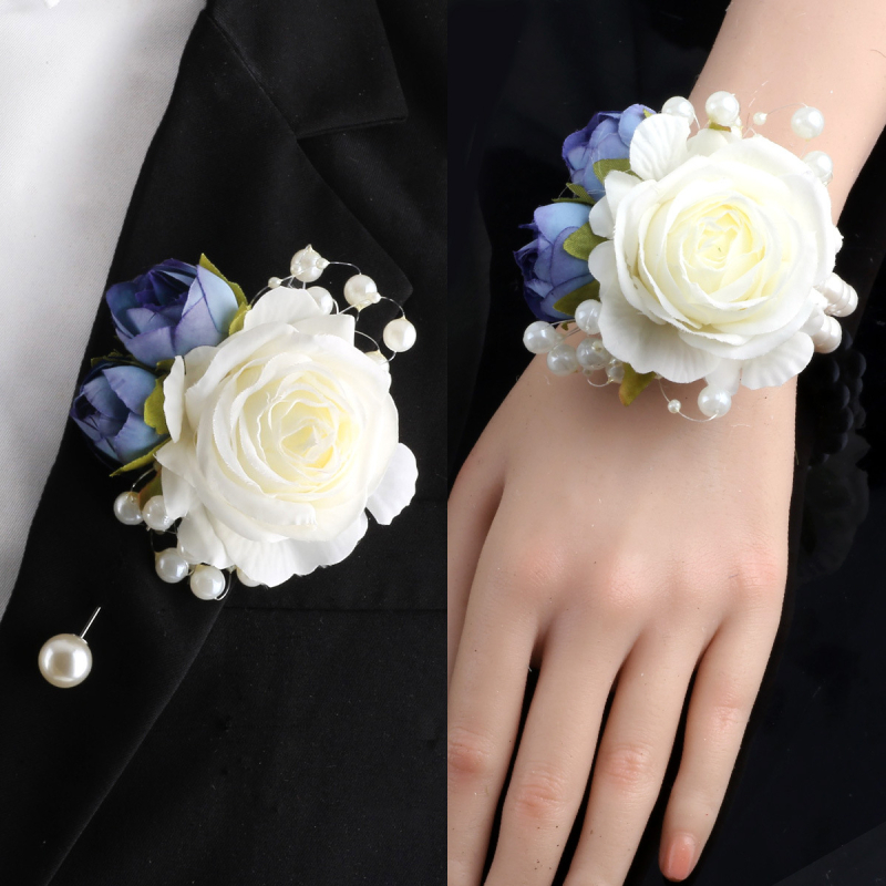 Mori vestuvių nuotakos ir jaunikio korsažo riešo gėlės pieno spalvos imitacija rožės sagė rankų gėlė gamyklos tiesioginė XH102