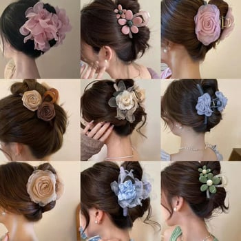 Супер фея органза цвете перла фиба за коса щипка сладка мода задна глава акула щипка ниша артистични аксесоари за коса