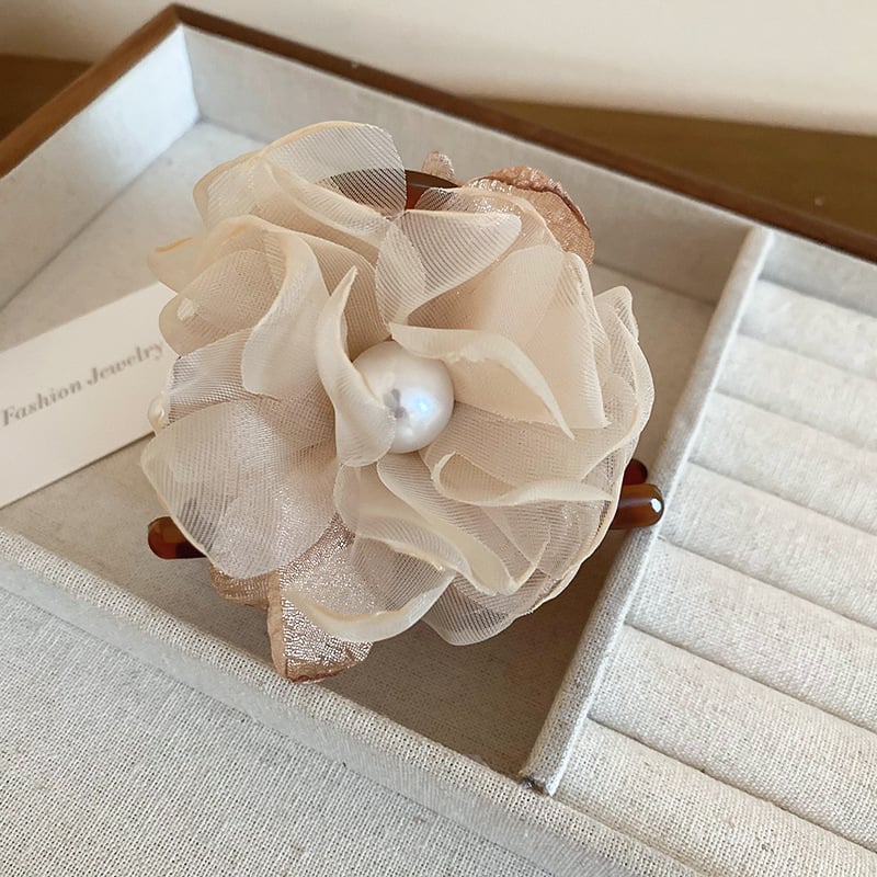 Супер фея органза цвете перла фиба за коса щипка сладка мода задна глава акула щипка ниша артистични аксесоари за коса