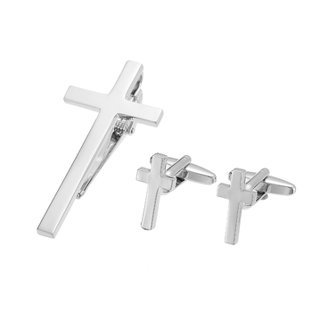 Комплект копчета за ръкавели Jiaomei с лъскав, златен и сребърен кръст и черен емайл, правоъгълни, с гланцирана щипка за вратовръзка, готов за подарък.