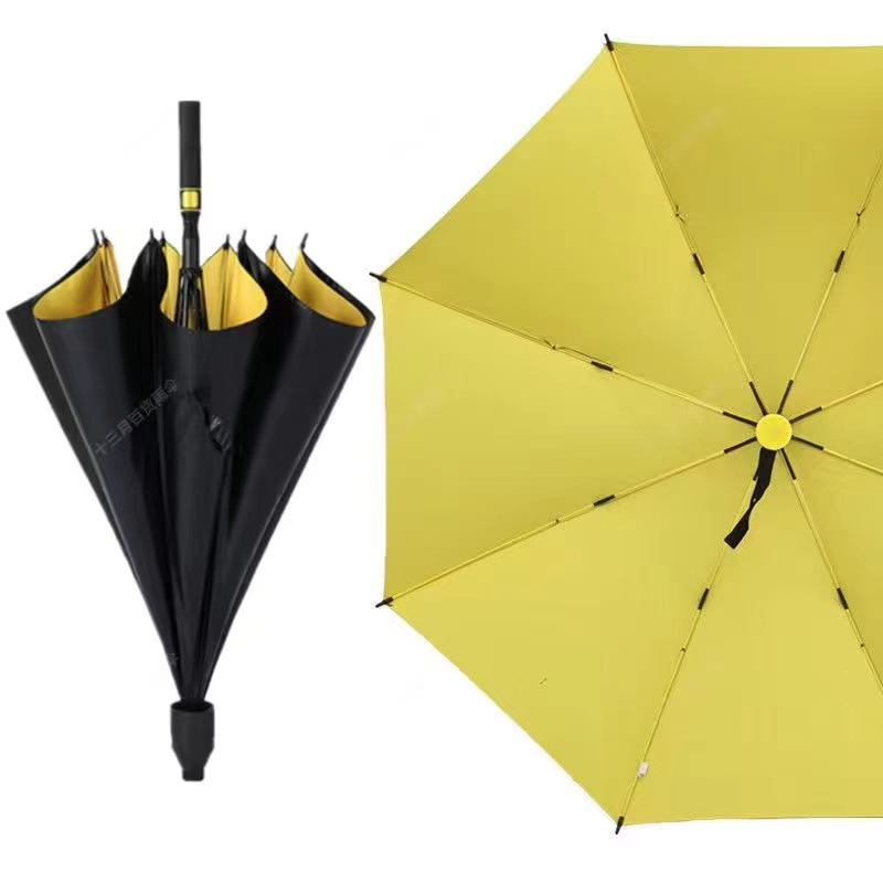 Голф чадър с дълга дръжка и водоустойчив капак, полуавтоматично отваряне и затваряне, автомобилен чадър с права дръжка, силен, устойчив на вятър, черен гумен слънцезащитен крем.