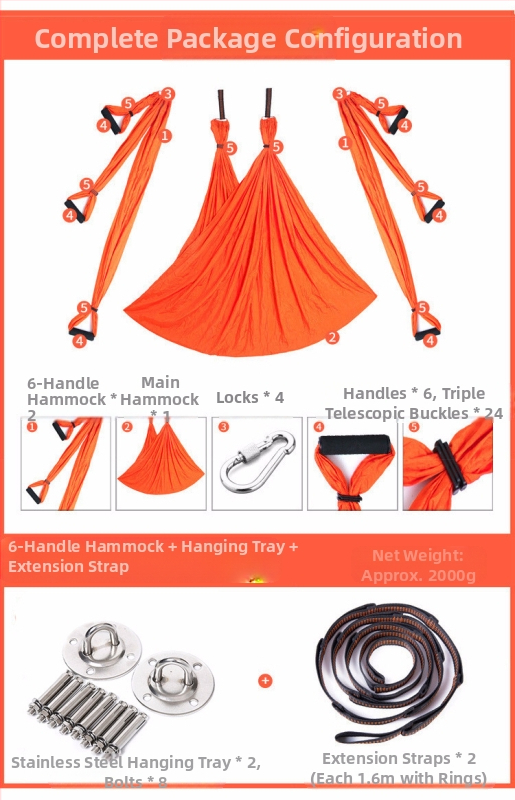 Rūpnīcas pieplūdes gaisa jogas šūpuļtīkls ar 6 rokturiem jogas studijā ar roku stāvēšanas fitnesa iekštelpu neelastīgu neilona audumu