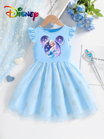 Individualiai pritaikyta mergaičių vasarinė suknelė su skraidančiomis rankovėmis, 25 stilių, vaikiškas trumpomis rankovėmis tinklinis sijonas su Elsa princesės sijonu