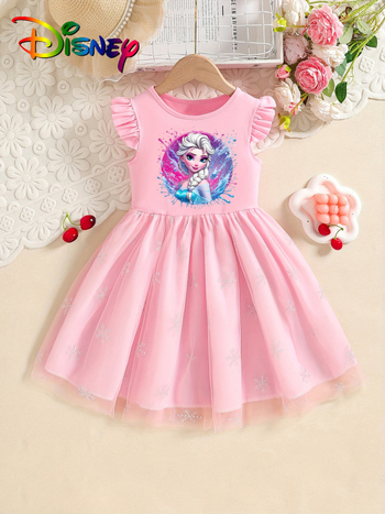 Individualiai pritaikyta mergaičių vasarinė suknelė su skraidančiomis rankovėmis, 25 stilių, vaikiškas trumpomis rankovėmis tinklinis sijonas su Elsa princesės sijonu