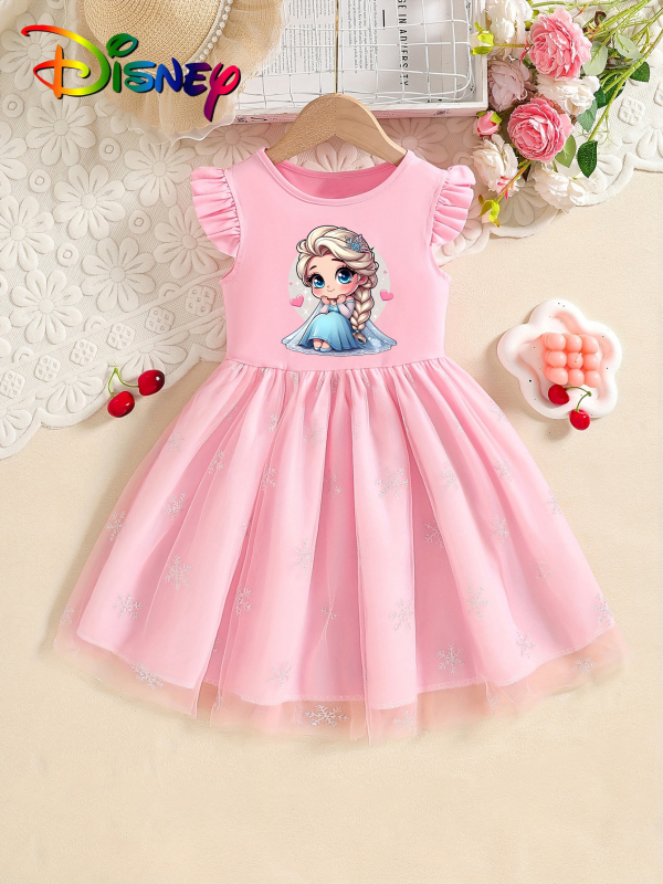 Individualiai pritaikyta mergaičių vasarinė suknelė su skraidančiomis rankovėmis, 25 stilių, vaikiškas trumpomis rankovėmis tinklinis sijonas su Elsa princesės sijonu