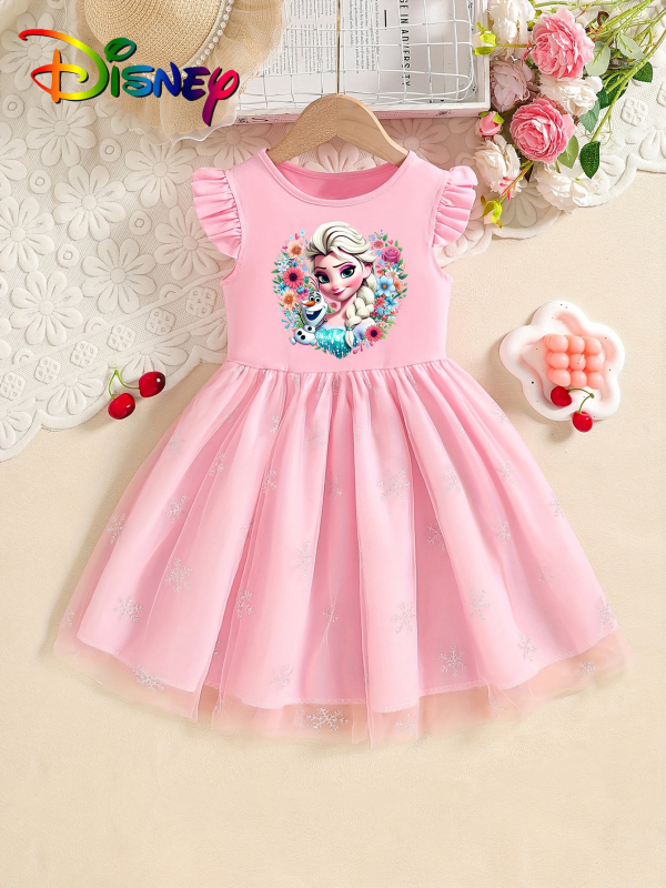 Individualiai pritaikyta mergaičių vasarinė suknelė su skraidančiomis rankovėmis, 25 stilių, vaikiškas trumpomis rankovėmis tinklinis sijonas su Elsa princesės sijonu