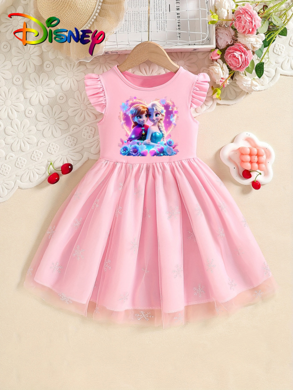 Individualiai pritaikyta mergaičių vasarinė suknelė su skraidančiomis rankovėmis, 25 stilių, vaikiškas trumpomis rankovėmis tinklinis sijonas su Elsa princesės sijonu