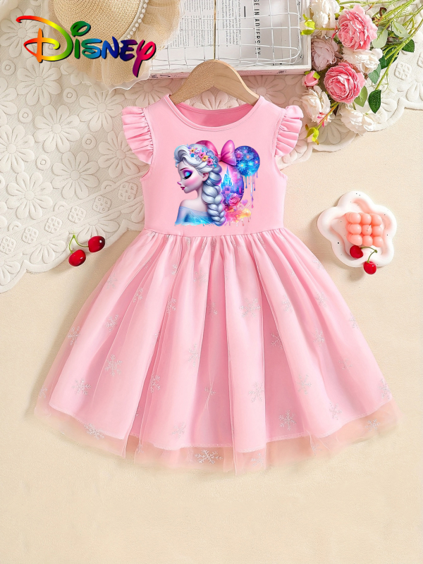 Individualiai pritaikyta mergaičių vasarinė suknelė su skraidančiomis rankovėmis, 25 stilių, vaikiškas trumpomis rankovėmis tinklinis sijonas su Elsa princesės sijonu
