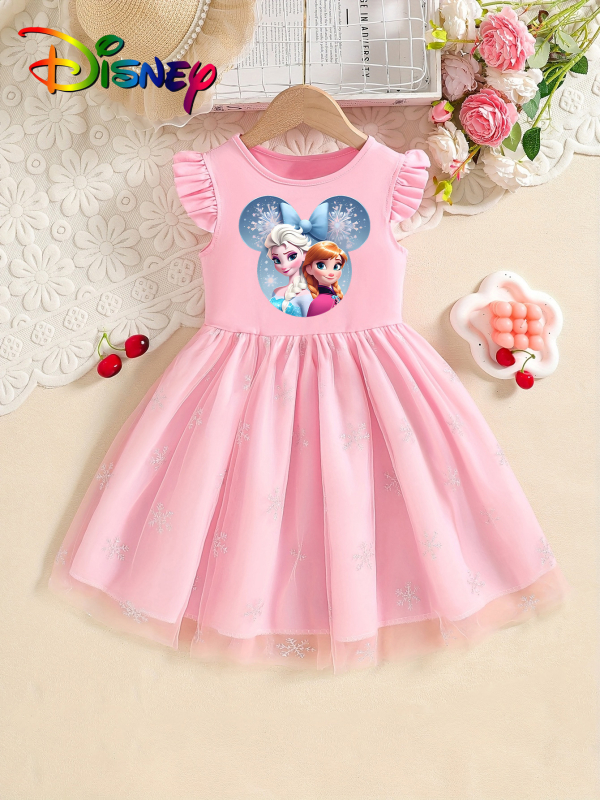 Individualiai pritaikyta mergaičių vasarinė suknelė su skraidančiomis rankovėmis, 25 stilių, vaikiškas trumpomis rankovėmis tinklinis sijonas su Elsa princesės sijonu