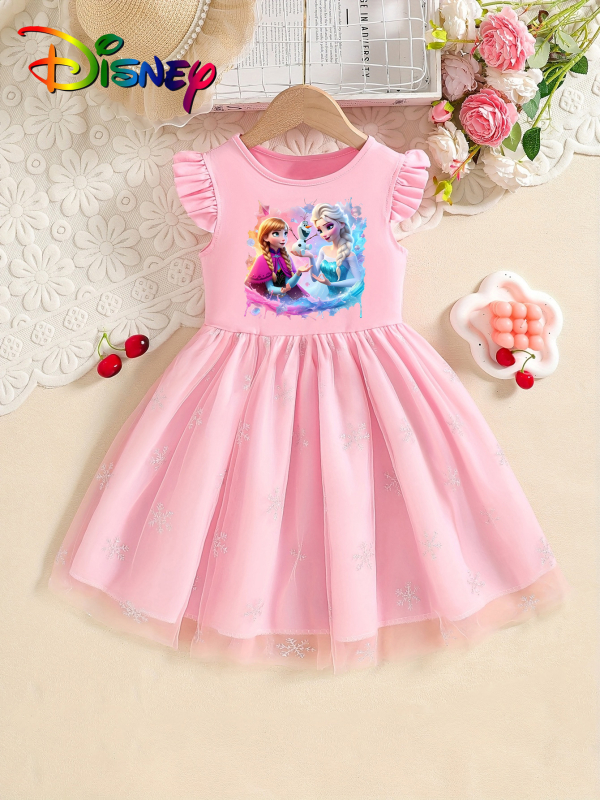 Individualiai pritaikyta mergaičių vasarinė suknelė su skraidančiomis rankovėmis, 25 stilių, vaikiškas trumpomis rankovėmis tinklinis sijonas su Elsa princesės sijonu