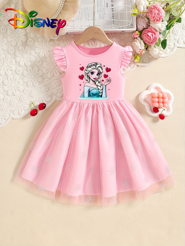 Individualiai pritaikyta mergaičių vasarinė suknelė su skraidančiomis rankovėmis, 25 stilių, vaikiškas trumpomis rankovėmis tinklinis sijonas su Elsa princesės sijonu