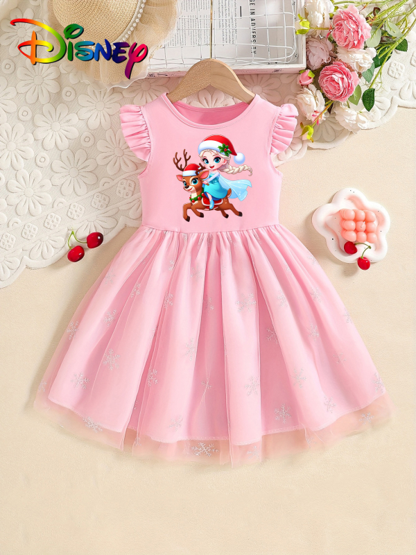 Individualiai pritaikyta mergaičių vasarinė suknelė su skraidančiomis rankovėmis, 25 stilių, vaikiškas trumpomis rankovėmis tinklinis sijonas su Elsa princesės sijonu