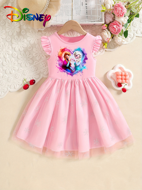 Individualiai pritaikyta mergaičių vasarinė suknelė su skraidančiomis rankovėmis, 25 stilių, vaikiškas trumpomis rankovėmis tinklinis sijonas su Elsa princesės sijonu