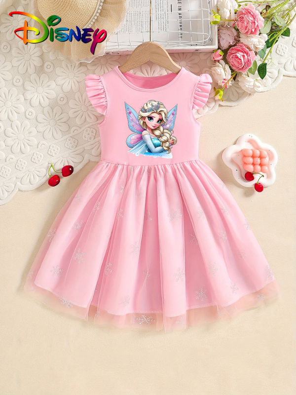 Individualiai pritaikyta mergaičių vasarinė suknelė su skraidančiomis rankovėmis, 25 stilių, vaikiškas trumpomis rankovėmis tinklinis sijonas su Elsa princesės sijonu
