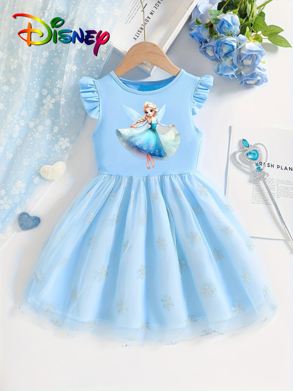 Individualiai pritaikyta mergaičių vasarinė suknelė su skraidančiomis rankovėmis, 25 stilių, vaikiškas trumpomis rankovėmis tinklinis sijonas su Elsa princesės sijonu
