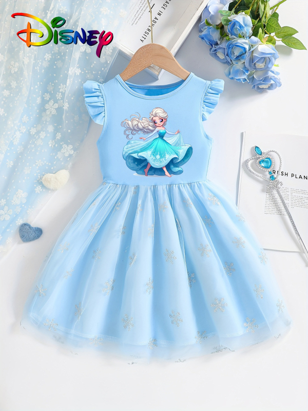 Individualiai pritaikyta mergaičių vasarinė suknelė su skraidančiomis rankovėmis, 25 stilių, vaikiškas trumpomis rankovėmis tinklinis sijonas su Elsa princesės sijonu