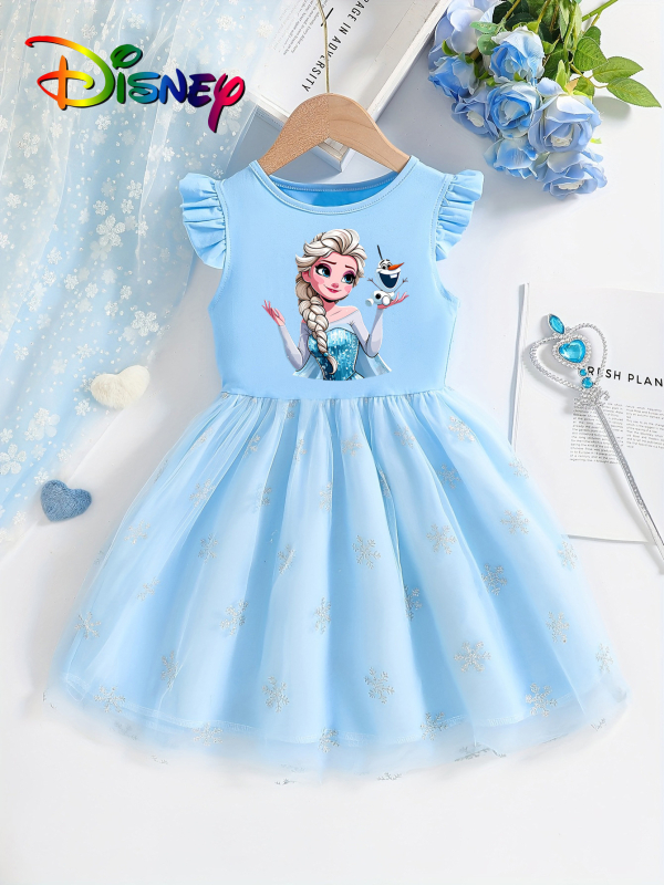Individualiai pritaikyta mergaičių vasarinė suknelė su skraidančiomis rankovėmis, 25 stilių, vaikiškas trumpomis rankovėmis tinklinis sijonas su Elsa princesės sijonu