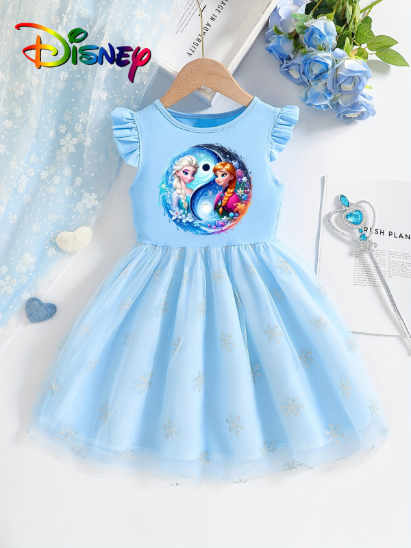 Individualiai pritaikyta mergaičių vasarinė suknelė su skraidančiomis rankovėmis, 25 stilių, vaikiškas trumpomis rankovėmis tinklinis sijonas su Elsa princesės sijonu