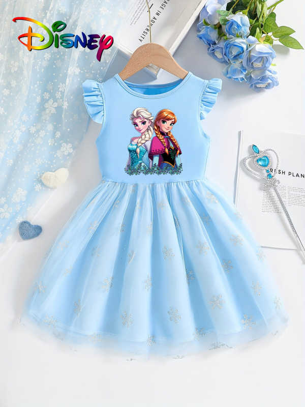 Individualiai pritaikyta mergaičių vasarinė suknelė su skraidančiomis rankovėmis, 25 stilių, vaikiškas trumpomis rankovėmis tinklinis sijonas su Elsa princesės sijonu