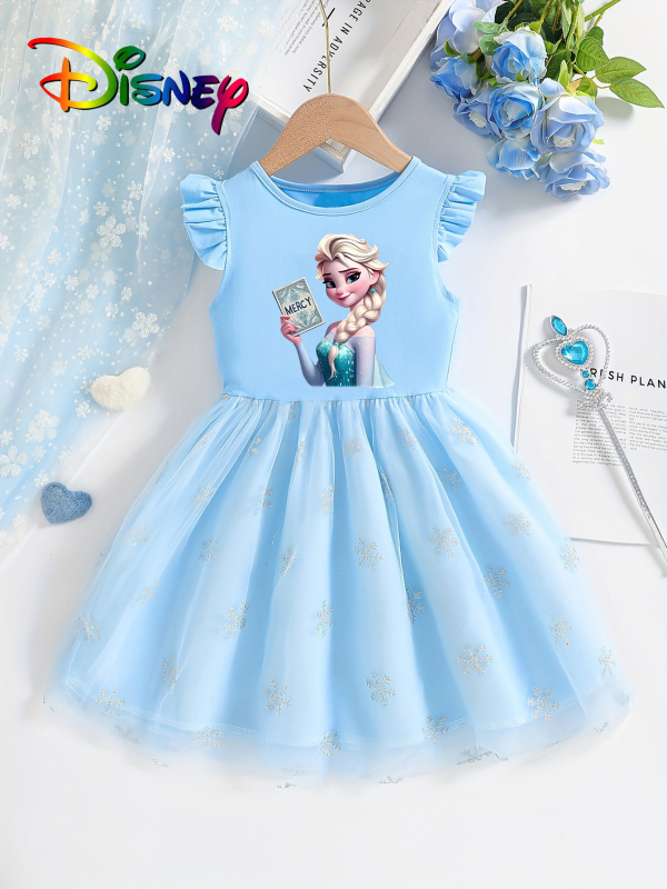 Individualiai pritaikyta mergaičių vasarinė suknelė su skraidančiomis rankovėmis, 25 stilių, vaikiškas trumpomis rankovėmis tinklinis sijonas su Elsa princesės sijonu
