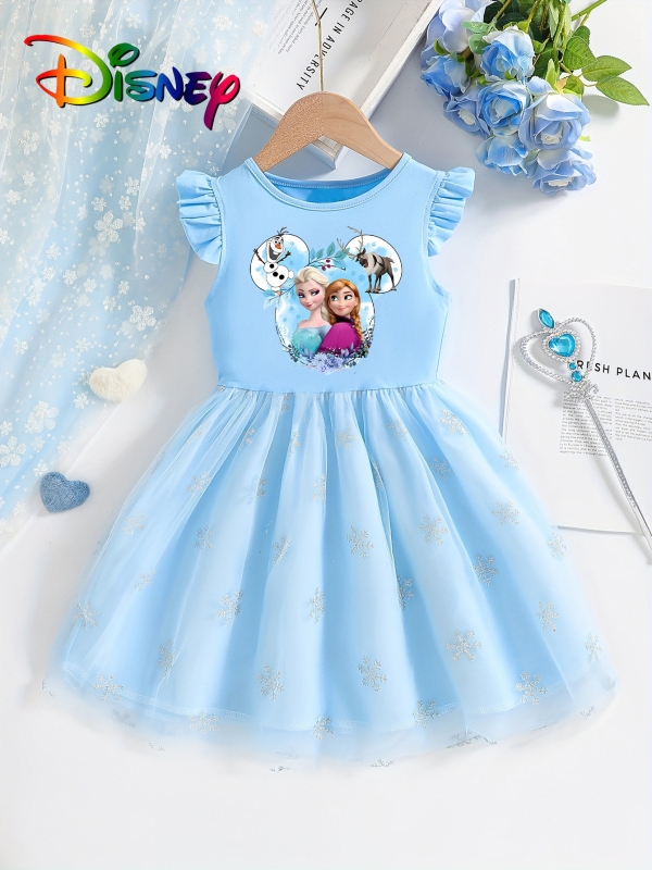 Individualiai pritaikyta mergaičių vasarinė suknelė su skraidančiomis rankovėmis, 25 stilių, vaikiškas trumpomis rankovėmis tinklinis sijonas su Elsa princesės sijonu