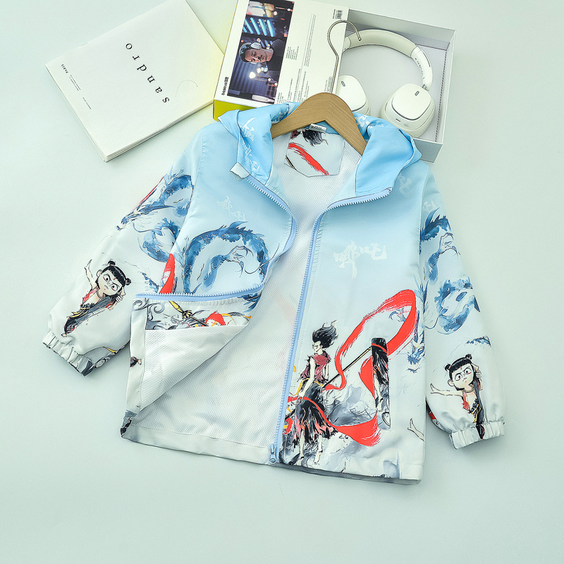 Zēnu Nezha jaka maziem bērniem, stilīga multfilmu jaka zēniem un meitenēm, 2025. gada pavasaris un rudens, jauns modelis