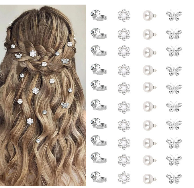 Ретро булчинска плетена коса с кристали и перлени бобчета, детски стил принцеса, украсена с катарама за коса, мини цвете