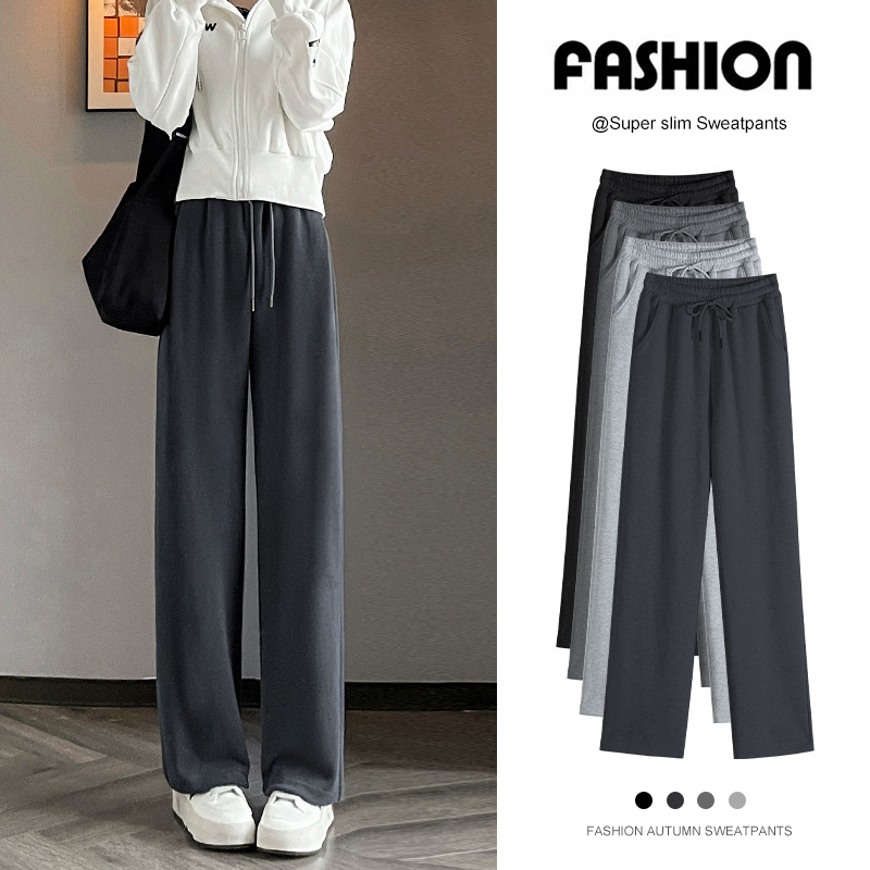 Sive uske ženske proljetne, jesenske i zimske trenirke visokog struka, ravne, drapirane, male ležerne sportske duge hlače