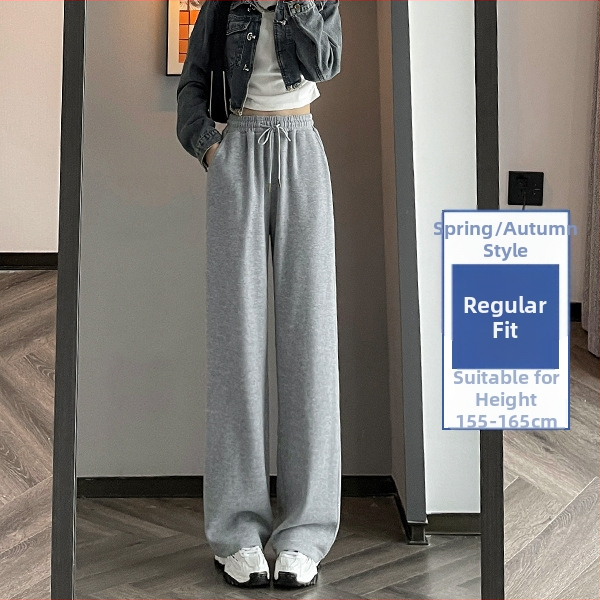 Sive uske ženske proljetne, jesenske i zimske trenirke visokog struka, ravne, drapirane, male ležerne sportske duge hlače