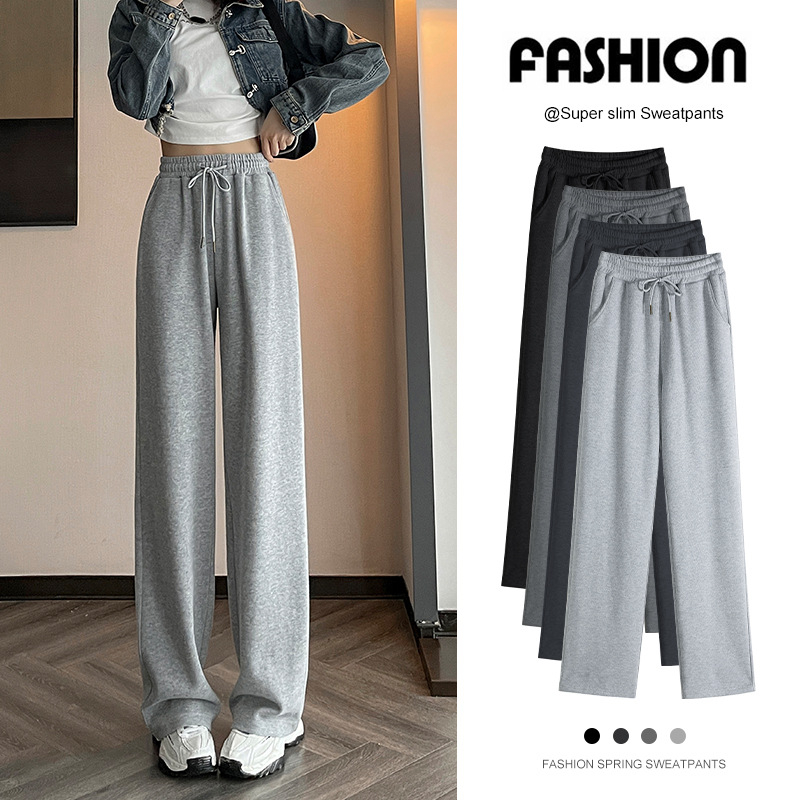 Sive uske ženske proljetne, jesenske i zimske trenirke visokog struka, ravne, drapirane, male ležerne sportske duge hlače