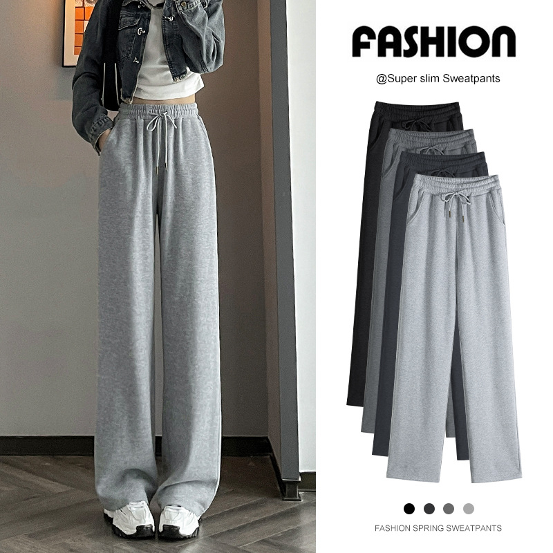 Sive uske ženske proljetne, jesenske i zimske trenirke visokog struka, ravne, drapirane, male ležerne sportske duge hlače