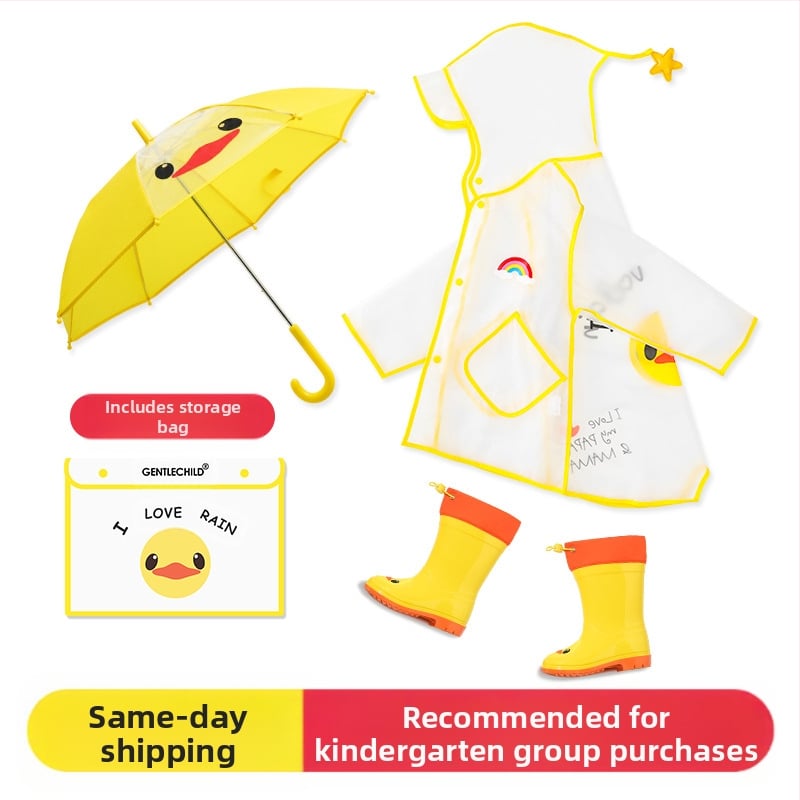 Vaikiškas lietpaltis berniukams, permatomas snapelis, geltonos anties spalvos pončas, visą kūną dengiantis, prailgintas mergaitiškas, vandeniui atsparus dinozaurų imitacijos guminių batų komplektas