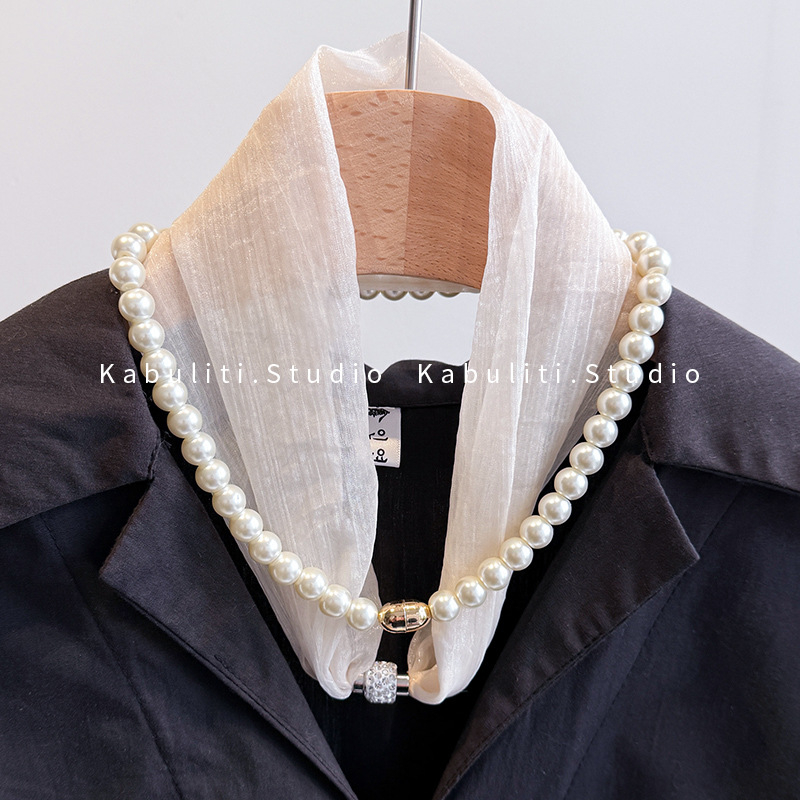 Grynai baltas magnetinės sagties perlų vėrinys, mažas ilgas šilkinis šalikas moterims, kaklo apsauga, kaklo šalikas su marškiniais, plonas šalikas