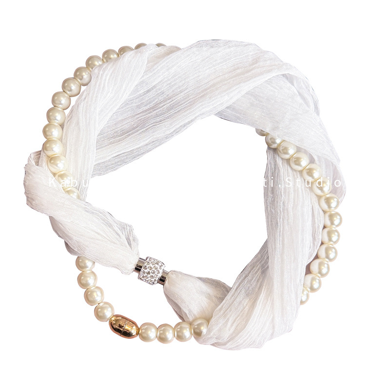 Grynai baltas magnetinės sagties perlų vėrinys, mažas ilgas šilkinis šalikas moterims, kaklo apsauga, kaklo šalikas su marškiniais, plonas šalikas