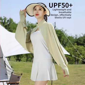 Siidist UV-kattega pikkade varrukatega lahtise kaitsega jope, õhuke välisjoon, jalgrattasõiduks mõeldud naiste õlasall, hingav, sõidujakk