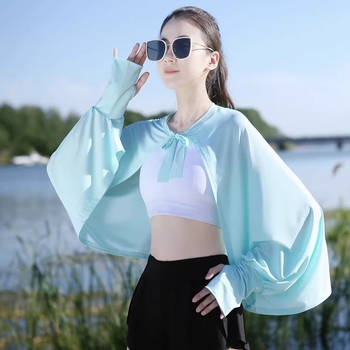 Siidist UV-kattega pikkade varrukatega lahtise kaitsega jope, õhuke välisjoon, jalgrattasõiduks mõeldud naiste õlasall, hingav, sõidujakk