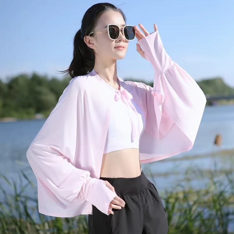 Siidist UV-kattega pikkade varrukatega lahtise kaitsega jope, õhuke välisjoon, jalgrattasõiduks mõeldud naiste õlasall, hingav, sõidujakk