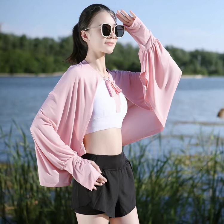 Siidist UV-kattega pikkade varrukatega lahtise kaitsega jope, õhuke välisjoon, jalgrattasõiduks mõeldud naiste õlasall, hingav, sõidujakk