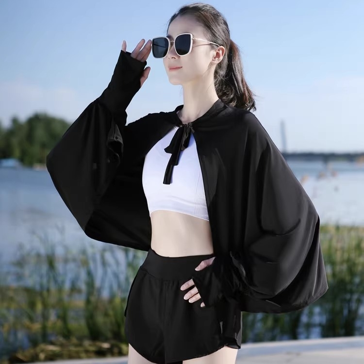 Siidist UV-kattega pikkade varrukatega lahtise kaitsega jope, õhuke välisjoon, jalgrattasõiduks mõeldud naiste õlasall, hingav, sõidujakk