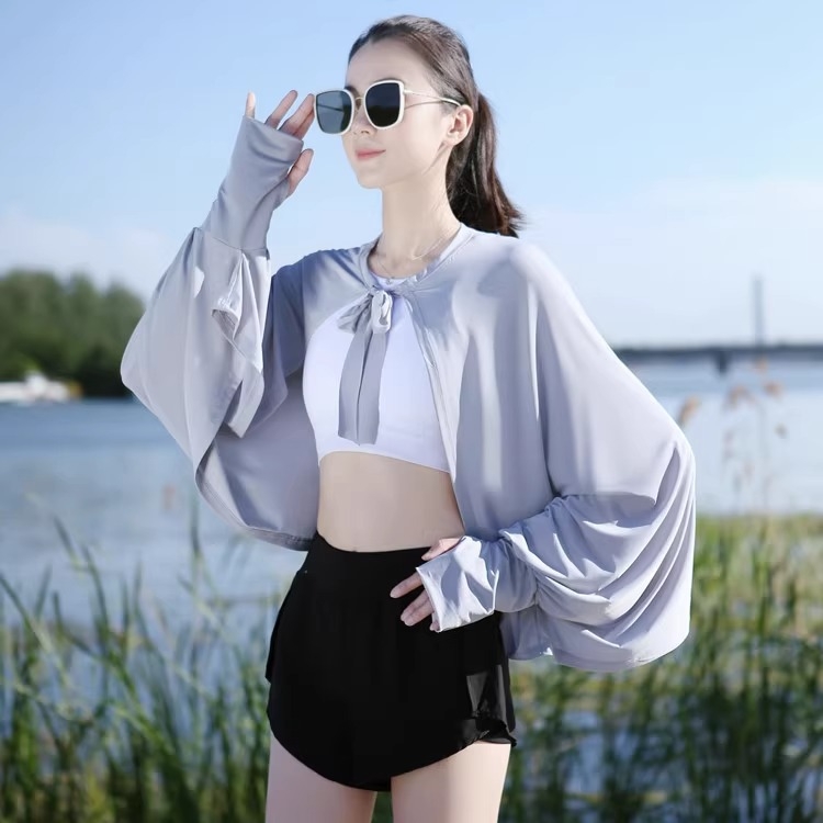 Siidist UV-kattega pikkade varrukatega lahtise kaitsega jope, õhuke välisjoon, jalgrattasõiduks mõeldud naiste õlasall, hingav, sõidujakk