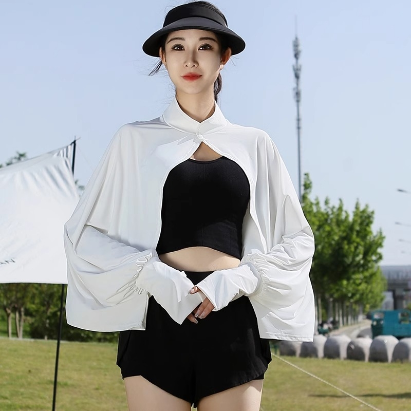 Siidist UV-kattega pikkade varrukatega lahtise kaitsega jope, õhuke välisjoon, jalgrattasõiduks mõeldud naiste õlasall, hingav, sõidujakk