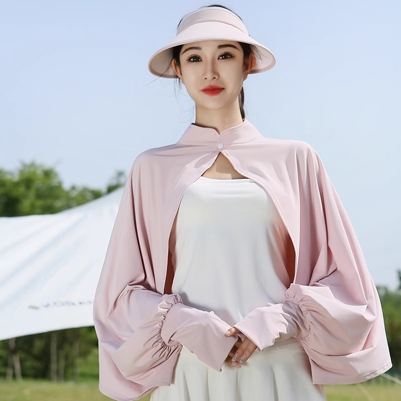 Siidist UV-kattega pikkade varrukatega lahtise kaitsega jope, õhuke välisjoon, jalgrattasõiduks mõeldud naiste õlasall, hingav, sõidujakk