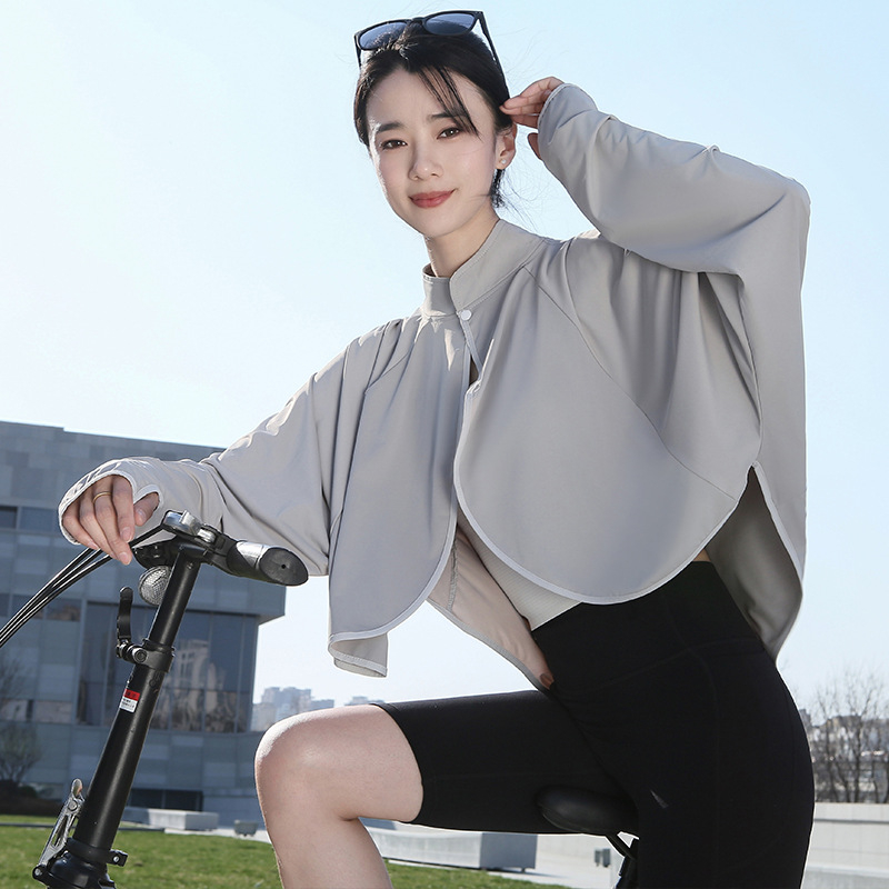 Siidist UV-kattega pikkade varrukatega lahtise kaitsega jope, õhuke välisjoon, jalgrattasõiduks mõeldud naiste õlasall, hingav, sõidujakk