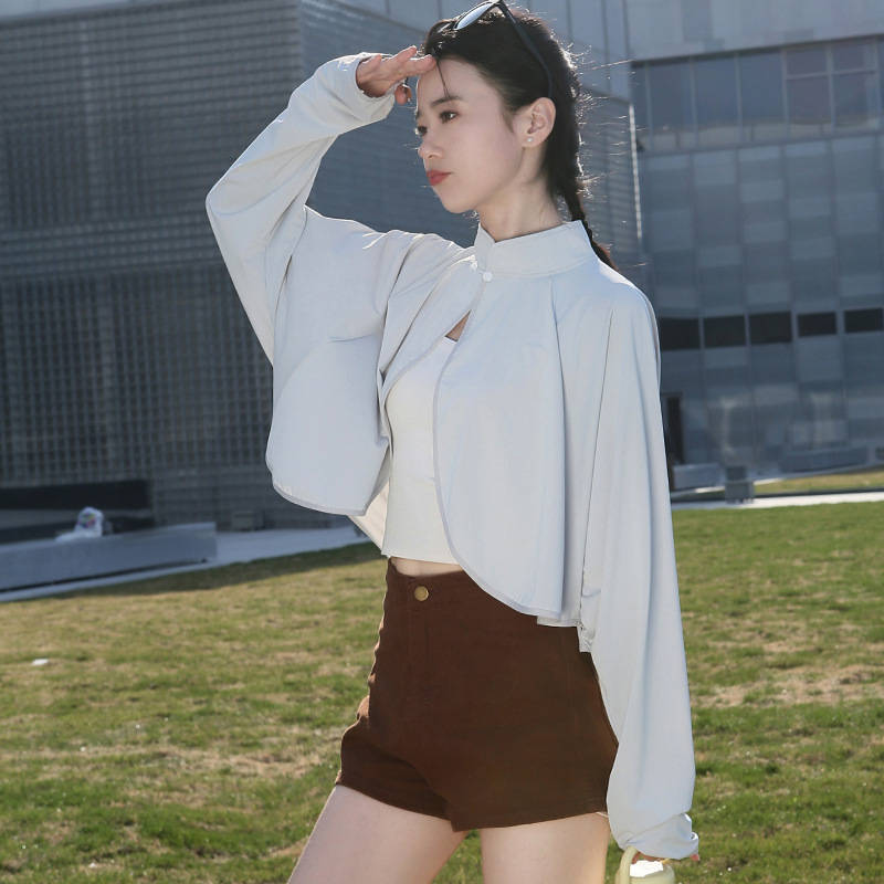 Siidist UV-kattega pikkade varrukatega lahtise kaitsega jope, õhuke välisjoon, jalgrattasõiduks mõeldud naiste õlasall, hingav, sõidujakk