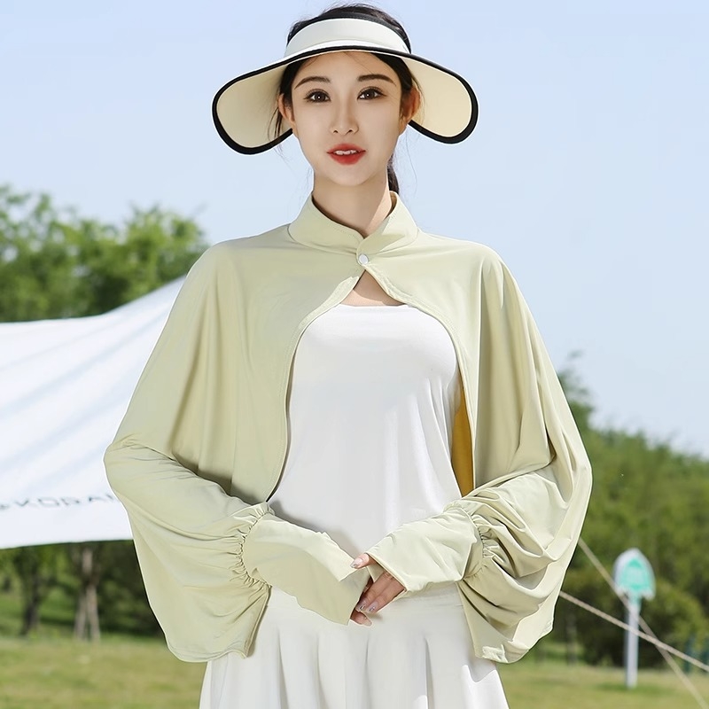 Siidist UV-kattega pikkade varrukatega lahtise kaitsega jope, õhuke välisjoon, jalgrattasõiduks mõeldud naiste õlasall, hingav, sõidujakk