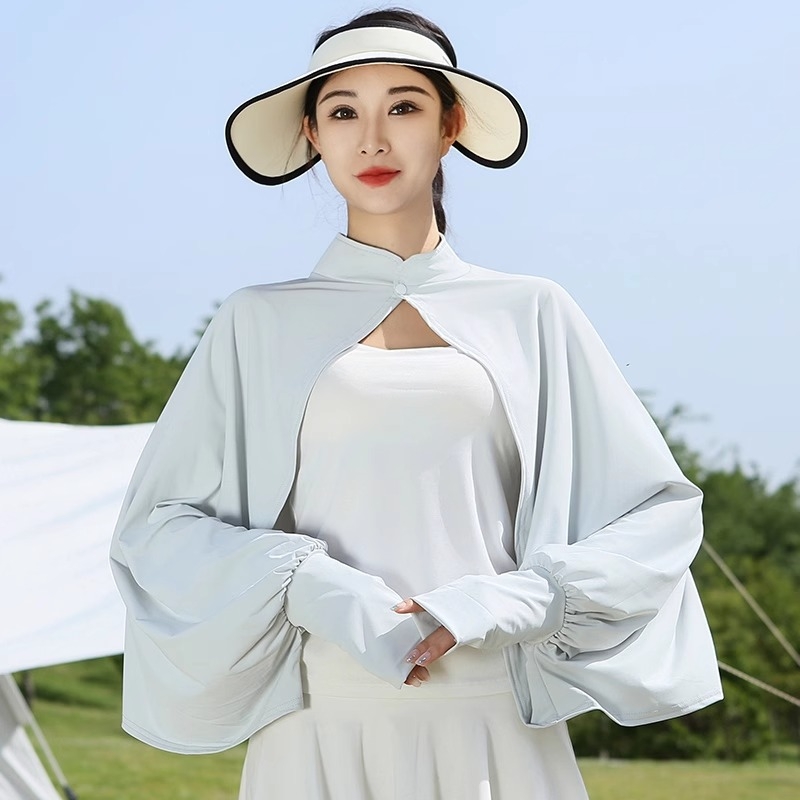 Siidist UV-kattega pikkade varrukatega lahtise kaitsega jope, õhuke välisjoon, jalgrattasõiduks mõeldud naiste õlasall, hingav, sõidujakk