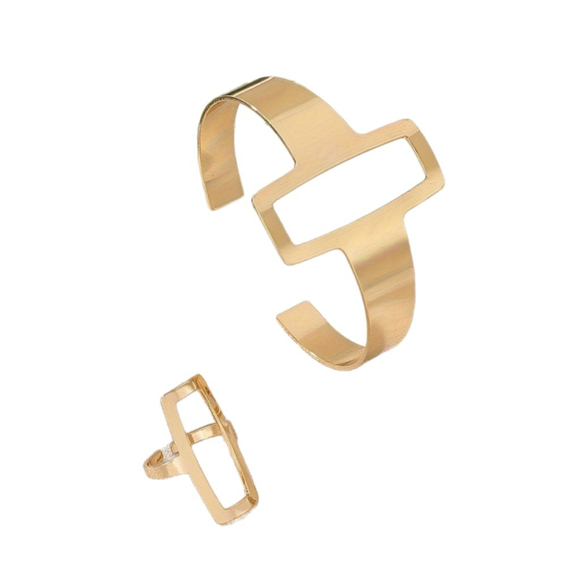 Eiropas un Amerikas pārrobežu metāla dizaina ģeometriskā sieviešu atvēršanas rokassprādze ar gredzenu, pārspīlēti pankroka retro elegantās rotaslietas